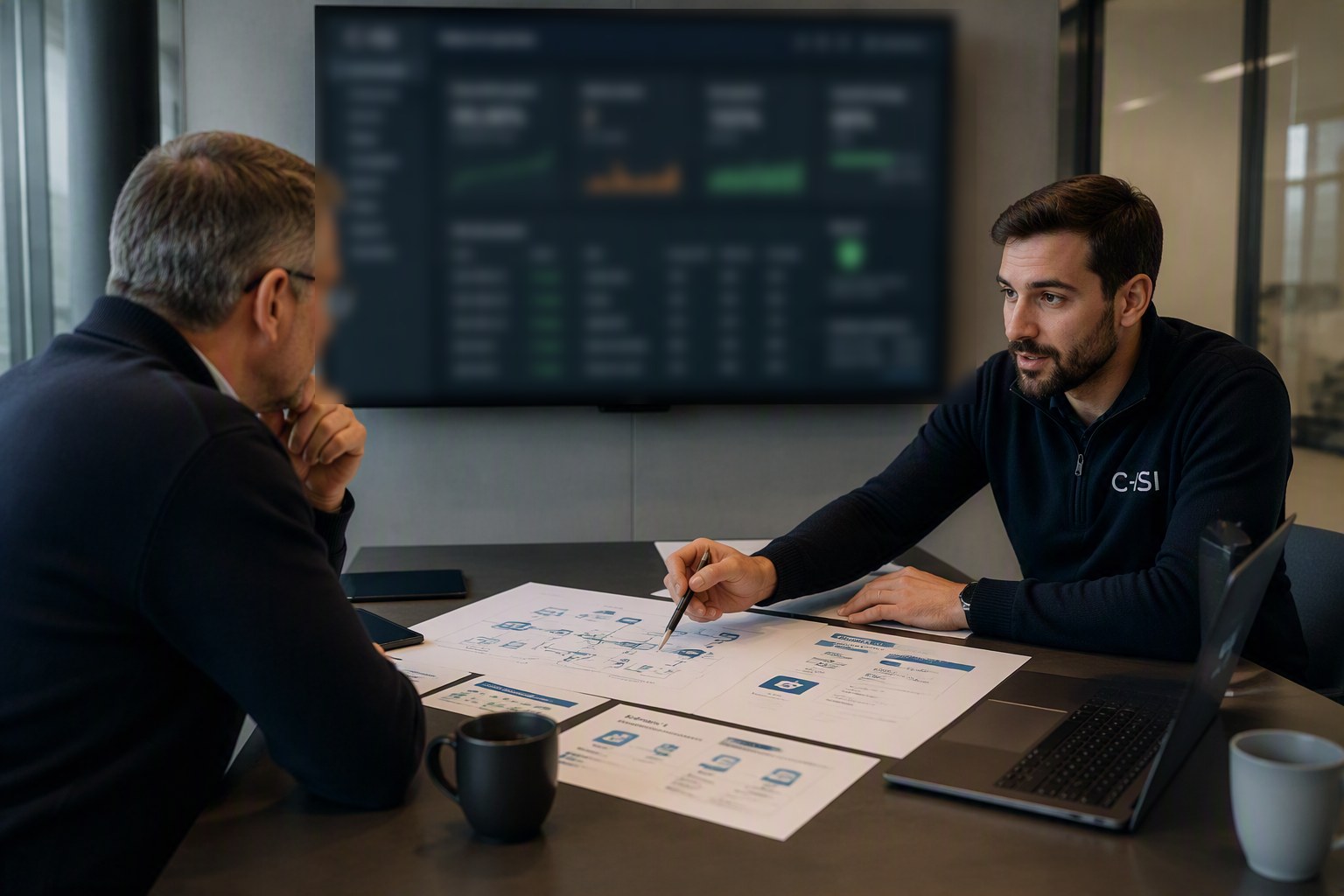 Un technicien C-ISI commente le tableau de supervision d'un parc informatique face à un client